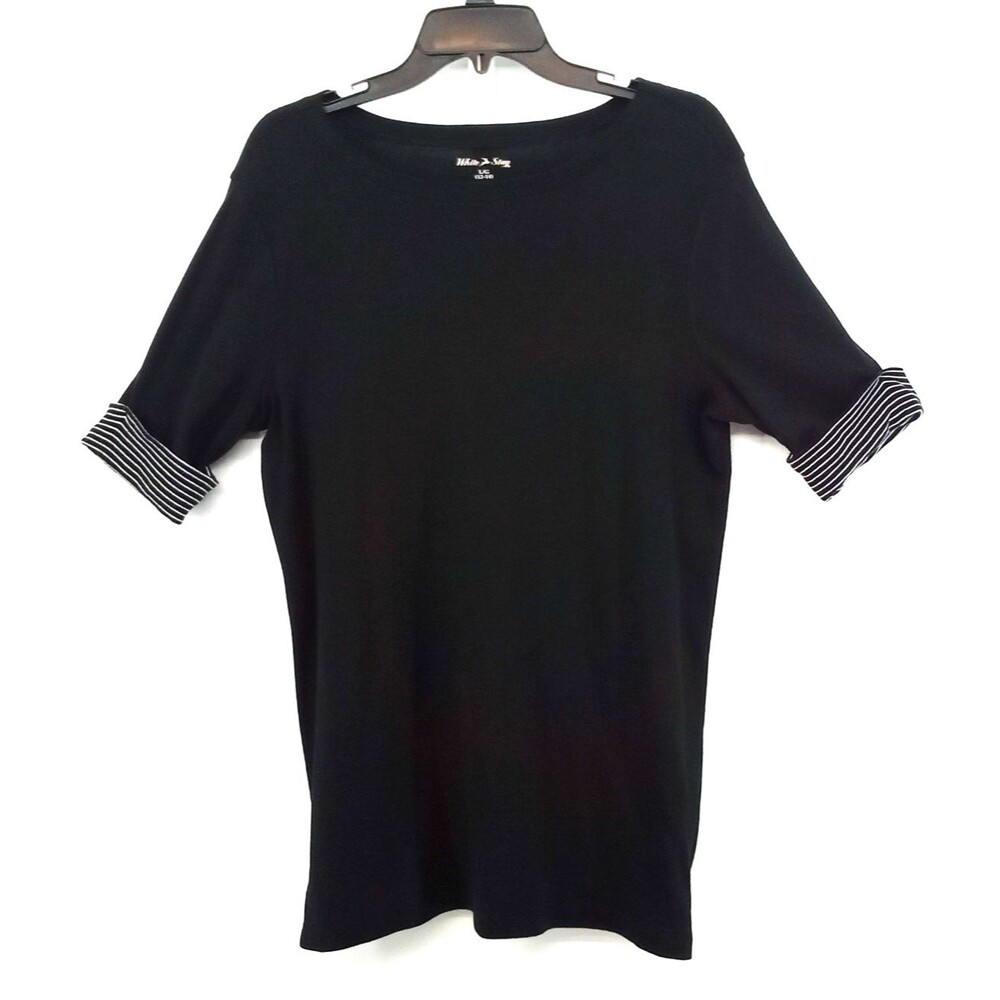 White Stag Shirt Womens Large Black Short Sleeve Rolled Cuff Round Neck Top